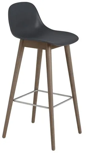 Muuto Fiber Barstol med träsockel och ryggstöd Svart/Mörkbrun H97,5 cm